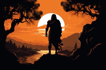 Mighty man silhouette, looking at sunset outdoors. Beautiful illustration picture. Generative AI