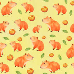 Seamless Capybara and Tangerine Pattern in a Yellow Background