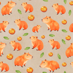 Seamless Capybara and Tangerine Pattern in a Beige Background