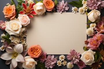 Beautiful bouquet of flowers, colourful floral decorations. blank paper greeting card mockup