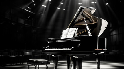 A grand piano in an empty concert hall, spotlight hitting on the glossy black finish, sheet music...