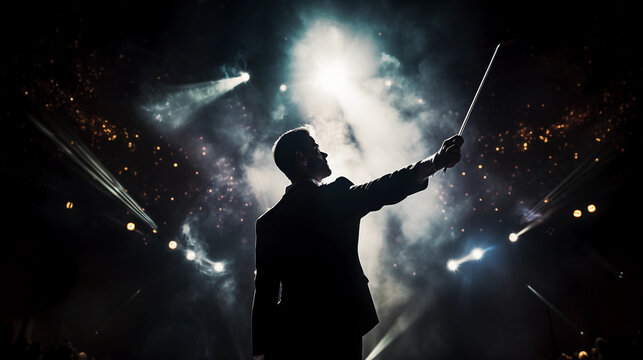 Orchestra conductor in action, seen from the orchestra's perspective, baton raised mid - motion, dramatic spotlight, high contrast, expressive