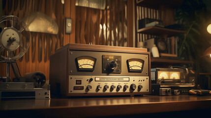 Vintage analog recording studio, reel to reel tape machine, glowing vacuum tubes, wood paneling,...