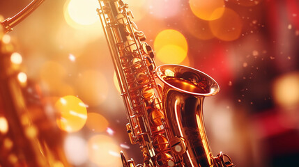 Fototapeta na wymiar close - up of saxophone keys being played, dynamic movement, golden brass reflecting stage lights, jazz club atmosphere, warm tones, impressionist style