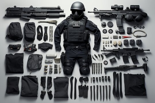 Police tools layout, deconstructed. Beautiful illustration picture. Generative AI