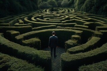 Rear view of man in a maze. Beautiful illustration picture. Generative AI