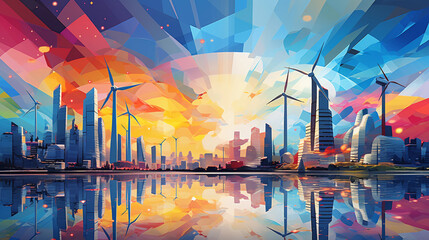 Abstract geometric representation of renewable energy sources, vibrant colors, modern art style, solar panels, wind turbines and hydroelectricity, futuristic cityscape backdrop