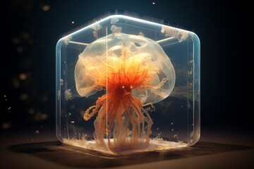 Jellyfish in glass box. Beautiful illustration picture. Generative AI
