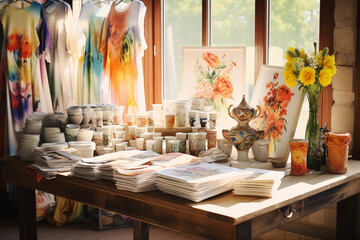 Watercolor style, collection of fair - trade products, from coffee to textiles, all displayed harmoniously on a rustic table, vibrant, light and airy, impressionistic style