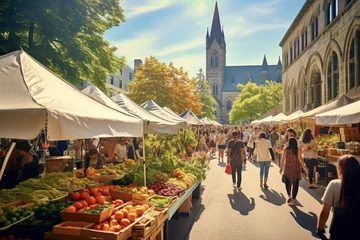 Foto auf Acrylglas Vereinigte Staaten a bustling outdoor farmers' market, overflowing with local produce, in the heart of the city during a bright sunny day. Market stalls full of vibrant fruits and vegetables, handmade products labeled '