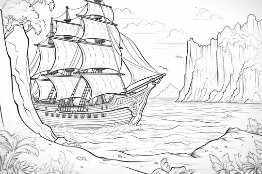 Ship in water, pirate adventure, black and white image. Beautiful illustration picture. Generative AI