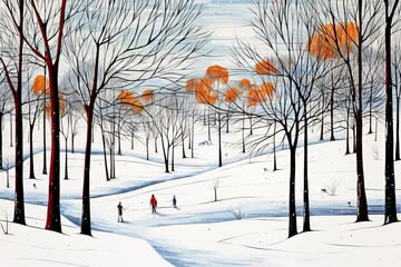Snow covered landscape with trees. Beautiful illustration picture. Generative AI
