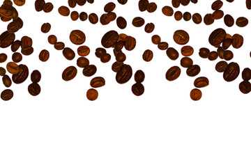 Falling brown coffee beans on transparent white background