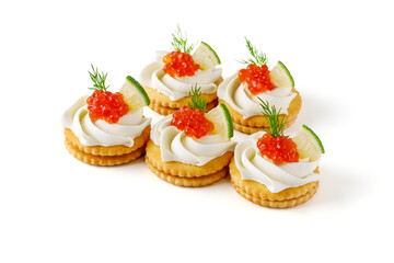 canape with fresh red caviar on white background for restaurant menu