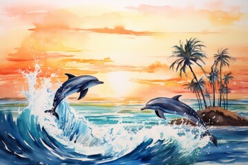Fototapeta na wymiar Jumping dolphins. Summer sunset, ocean, artwork. Beautiful illustration picture. Generative AI