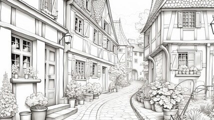 Charming village in black and white. Beautiful illustration picture. Generative AI