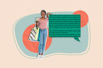 Composite artwork photo collage of multiethnic happy girl read post feedback comment on shop...