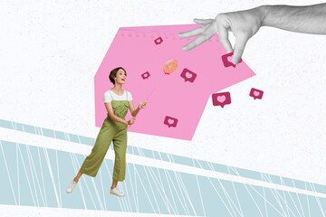 Collage illustration of young funny girl playful holding butterfly net catching more likes...
