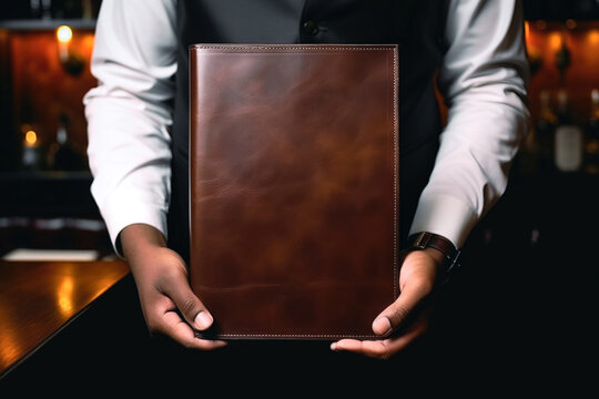 Close-up shot of a black waiter's hands holding a blank brown leather-bound menu facing towards the camera - Template mock-up design for a restaurant or catering business - Generative AI