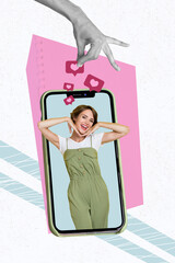 Vertical photo picture collage advert of young careless lovely girl posing smartphone touchscreen click like isolated on pink background