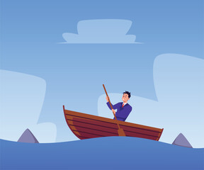 Business man floats in boat among sharks, Insurance and protection in financial crisis storm vector flat illustration