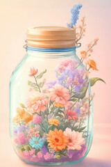 Light Blue Glass Jar With Dry Daisies, Sunflowers, and Lavender Clipart 