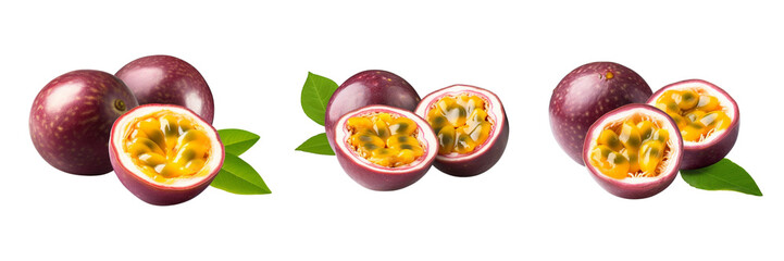 Fresh passion fruit with green leaves isolated on transparent background