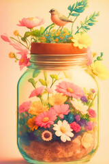 Glass Jar With A Wooden Lid Accented With A Bird and Flowers With Wildflowers Inside and The Morning Sun Shining Through Clipart 