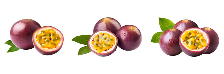 Fresh passion fruit with green leaves isolated on transparent background - obrazy, fototapety, plakaty