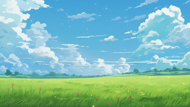 Beautiful landscape with clouds and sky. Cartoon or anime watercolor painting illustration style. seamless looping virtual vertical video animation background.