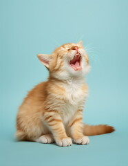 yawning cat isolated on plain blue studio background