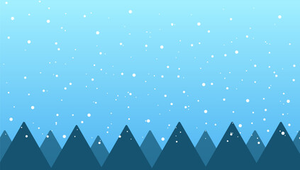 Flat illustration of snow falling and mountain background