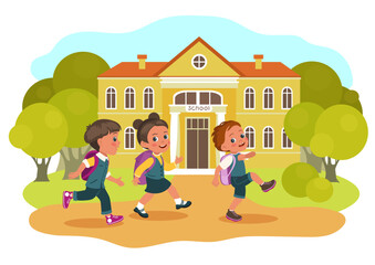 Obraz na płótnie Canvas Back to school. Children rushing to lessons. Happy young students walk with backpacks in campus yard. College building. Kids education. Schoolchildren studying. Splendid vector concept