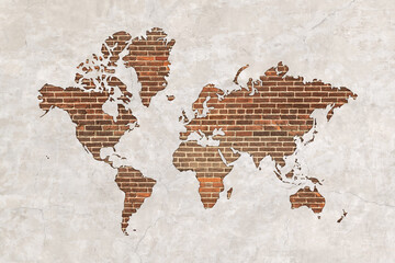 World map on antique brick wall texture background.