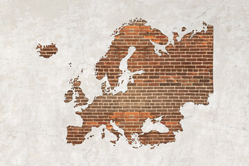 Europe map on antique brick wall texture background.