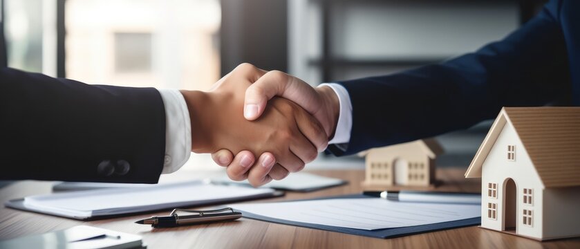 residential house businessman banker shake hand with customer after successful agreement and signing house contract, real estate concept, Generative AI