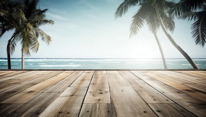 Wood plank deck with ocean and palm trees, bask in the white sunshine