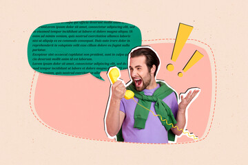 Photo collage of angry young beard man talk telephone call cable device speech cloud furious...