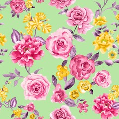 Watercolor flowers pattern, pink and yellow tropical elements, gray leaves, green background, seamless