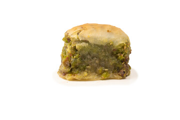 Turkish pistachio baklava isolated on white background.