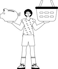The derision is holding a piggy bank and a stigmatize handcart . sum dark and washcloth analogue vogue. Trendy style, Vector Illustration