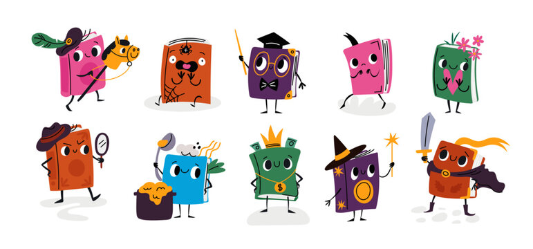 Cartoon books characters. Cute library publications mascots. Different styles of literature. Emotion expressions. Paper textbooks. Fiction fairytale or detective novels. Garish vector set