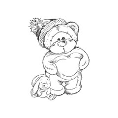 Teddy bear with toy bunny, ink or pencil sketch vector illustration isolated.
