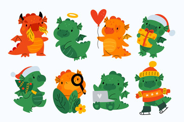 Obraz premium Cartoon dragons characters. Baby mythical animals. Cute New Year mascot. Dinos with gifts in sweaters or hats. Chinese horoscope symbol. Asian animal skiing or searching. Garish vector set