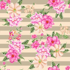 Watercolor flowers pattern, pink tropical elements, green leaves, stripes background, seamless