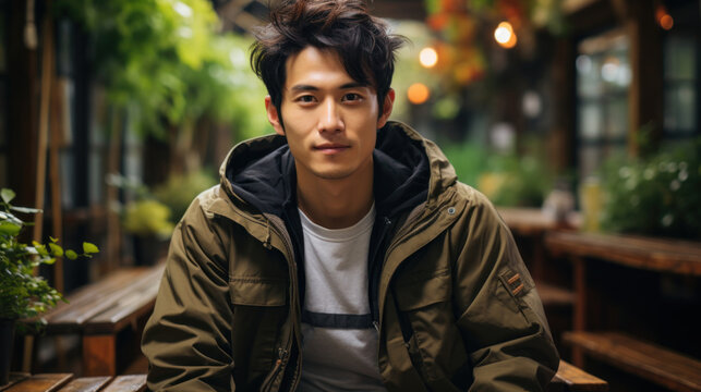 Young handsome asian man in casual wear sitting in outdoor cafe, lifestyle people concept.