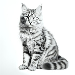 a highly detailed pencil drawing of a cat full body no background with subtle shadow grayscale