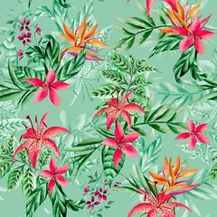 Poster Watercolor flowers and foliage pattern, red tropical elements, green leaves, green background, seamless © Leticia Back