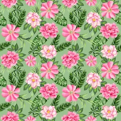 Zelfklevend Fotobehang Watercolor flowers pattern, pink tropical elements, green leaves, green background, seamless © Leticia Back