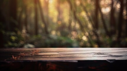 Fototapeta premium Wooden table with blurred background in a lush forest late afternoon light or sunset, natural relaxation